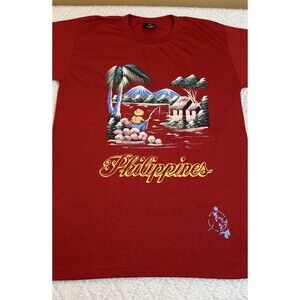 VTG 90s Philippines Hand Painted Village Fishing Scene Red Shirt Size XL DETAILS